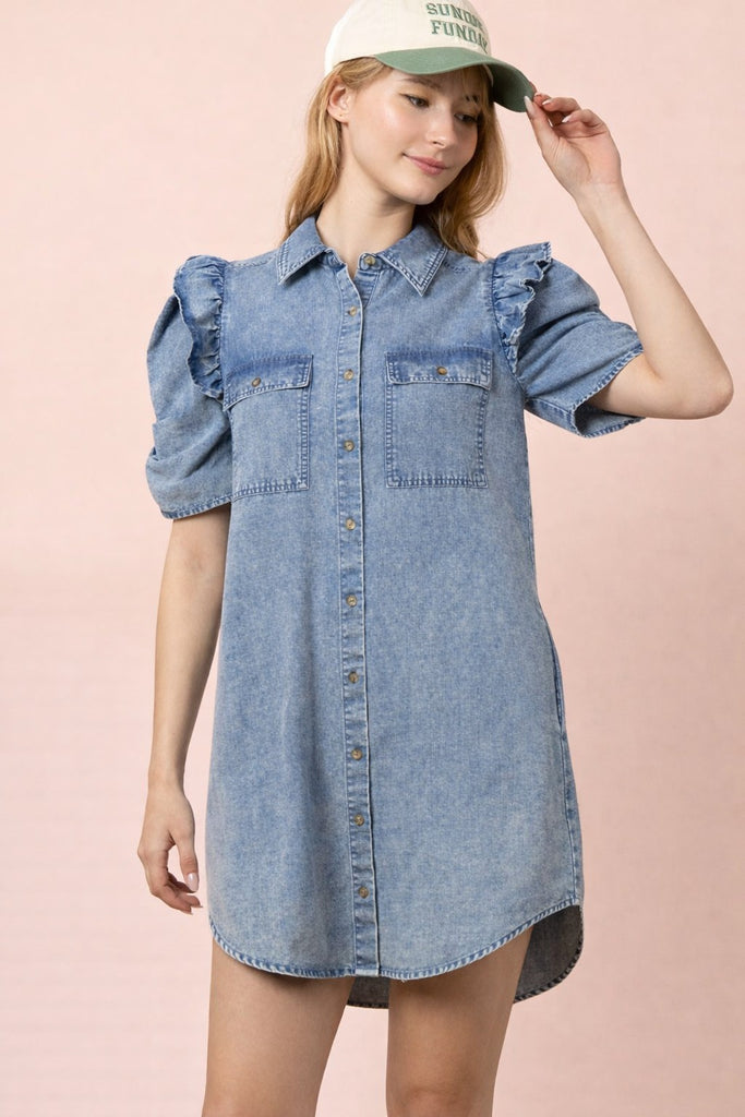 Ruffle Sleeve Denim Dress