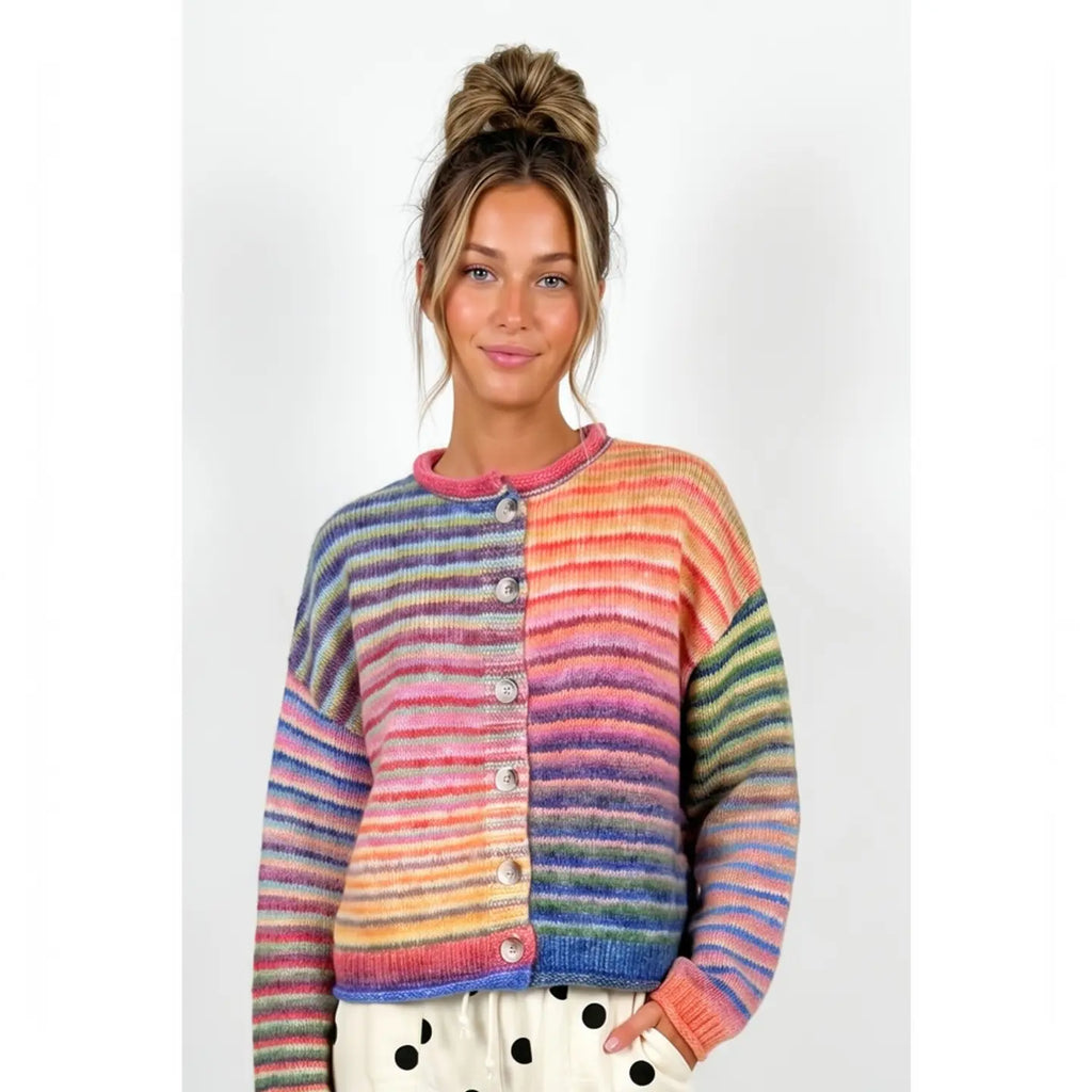 Rainbow Striped Button-Up Cardigan