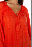 Embroidered Shirred Blouse w/ Neck Ties