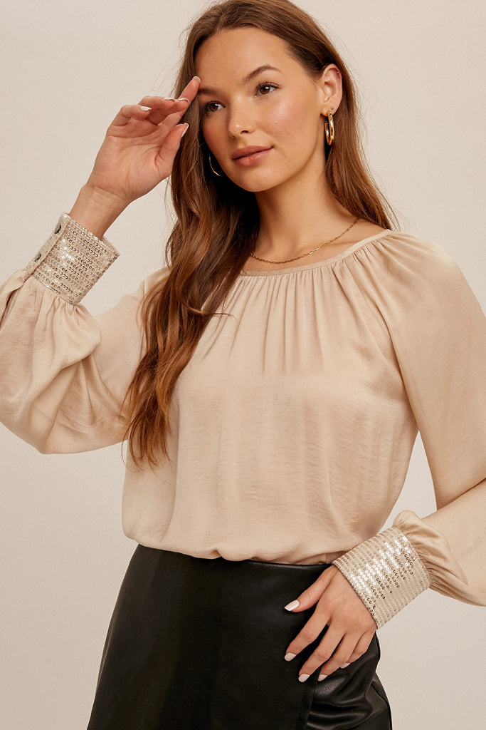 Sequin Cuffed Satin Blouse