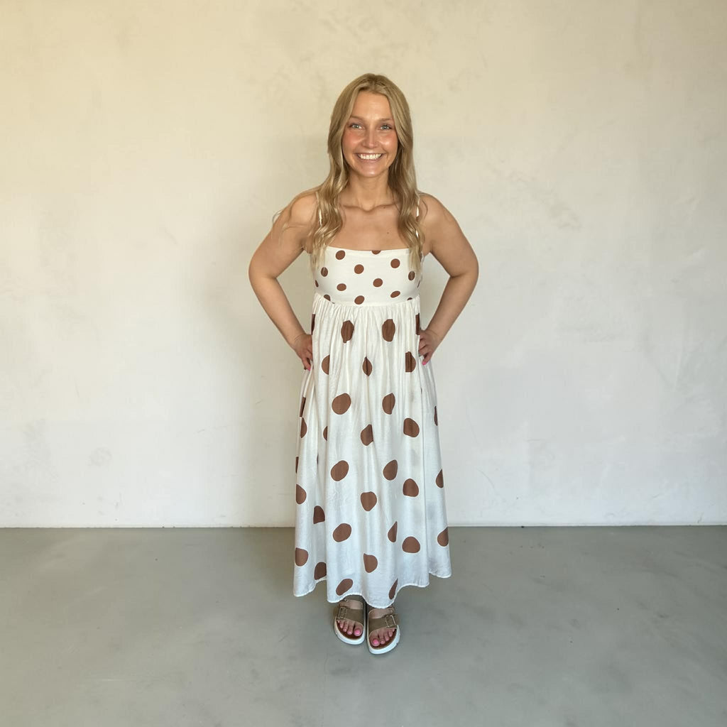 Playful Poise Polka Dot Midi Dress-Brown