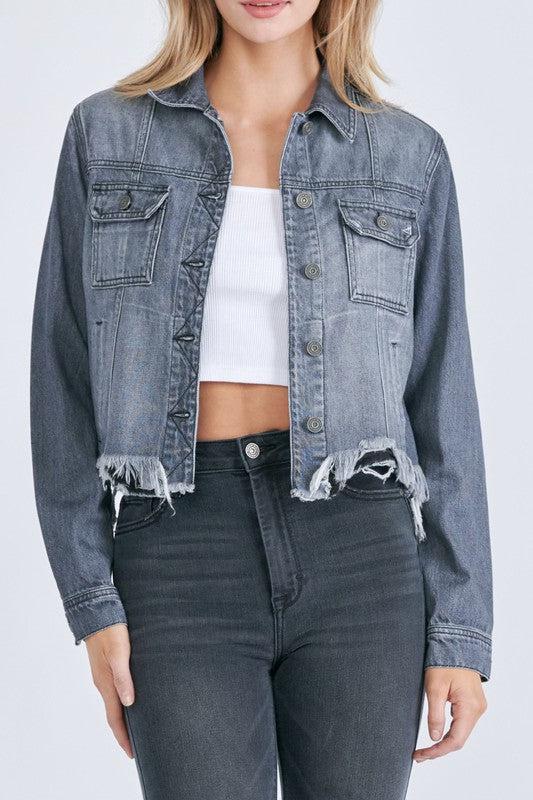 Katy Cropped Distressed Jean Jacket, Grey
