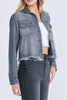 Katy Cropped Distressed Jean Jacket, Grey