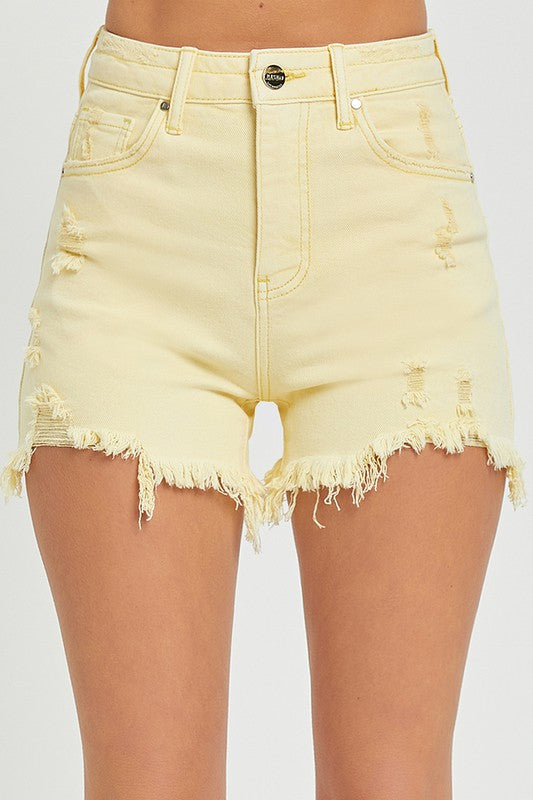 May Flowers Distressed Shorts, Pale Yellow